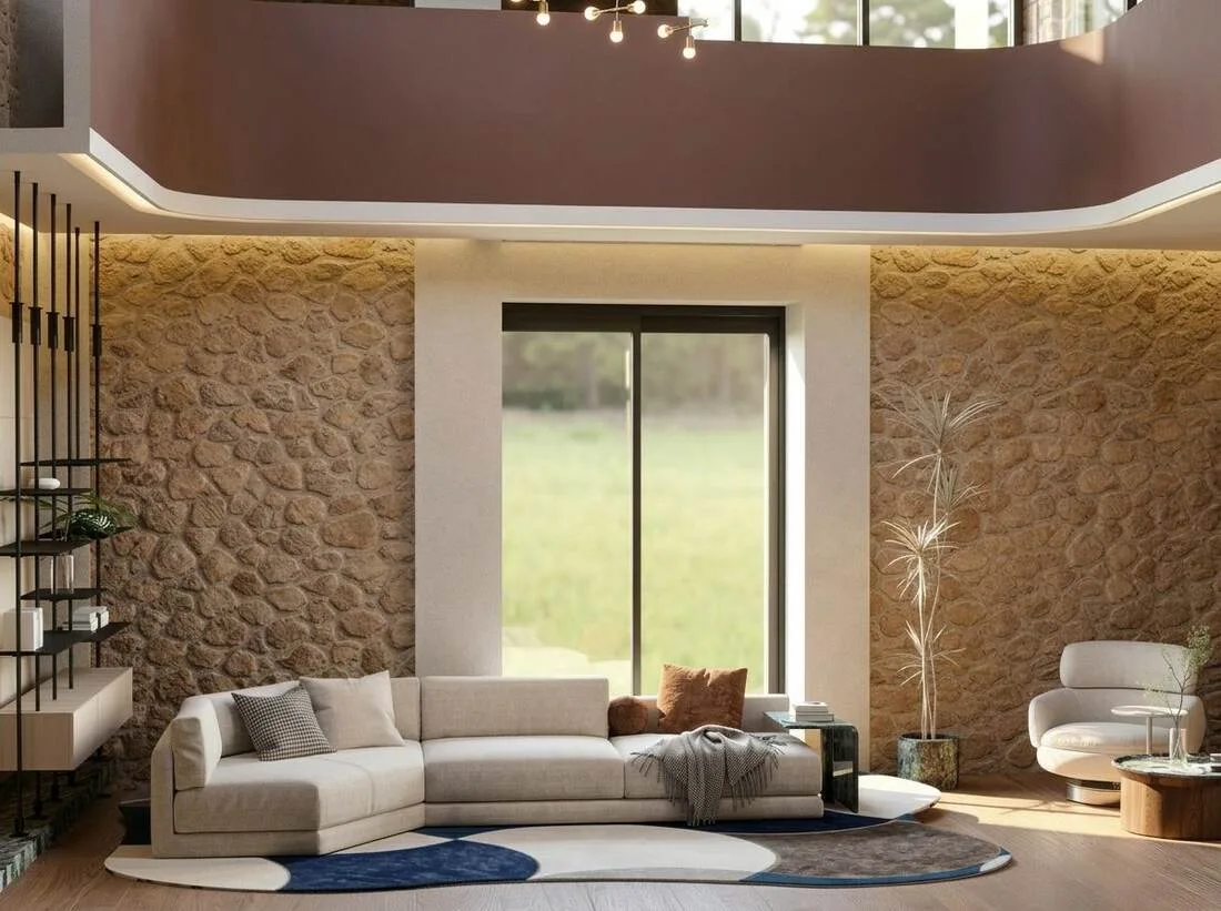 Sala de estar com parede de pedra
